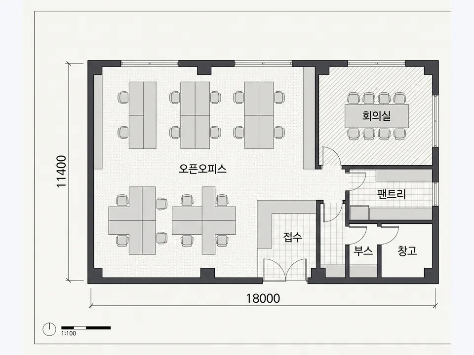 사무실 62평 발표용 평면도. 오픈오피스, 회의실, 접수, 팬트리, 부스, 창고.