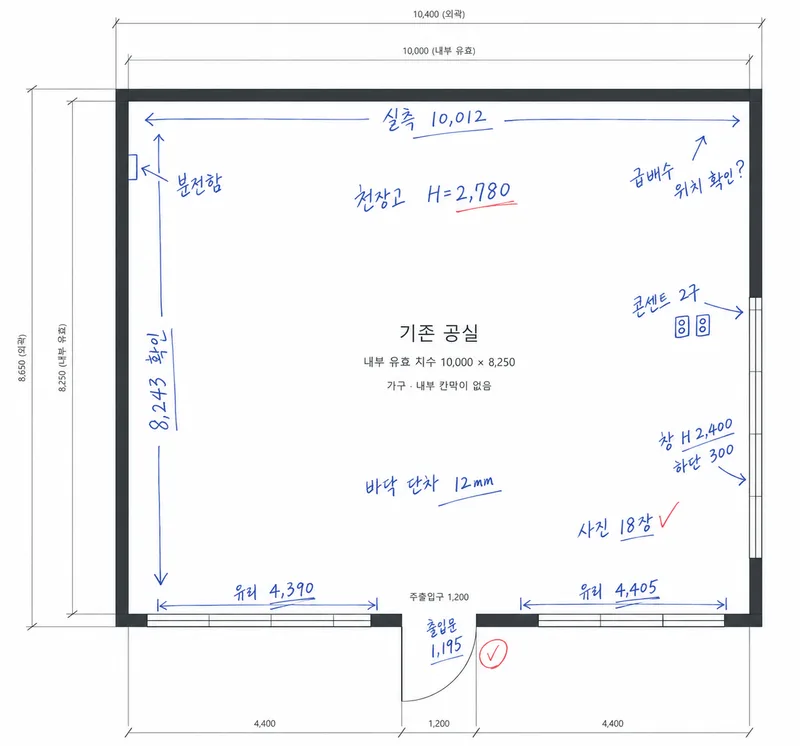 가구와 칸막이가 없는 기존 공실 평면도 위에 실측 길이, 천장고, 콘센트 위치를 손글씨로 적어 넣은 모습. 내부 유효 치수 10,000 × 8,250.